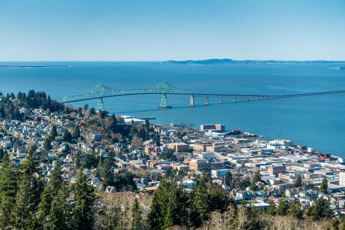 Astoria, Oregon and the Astoria–Megler Bridge from above