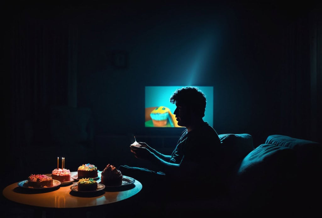  Man sitting on a couch binge eating cake | Virtue Recovery Center