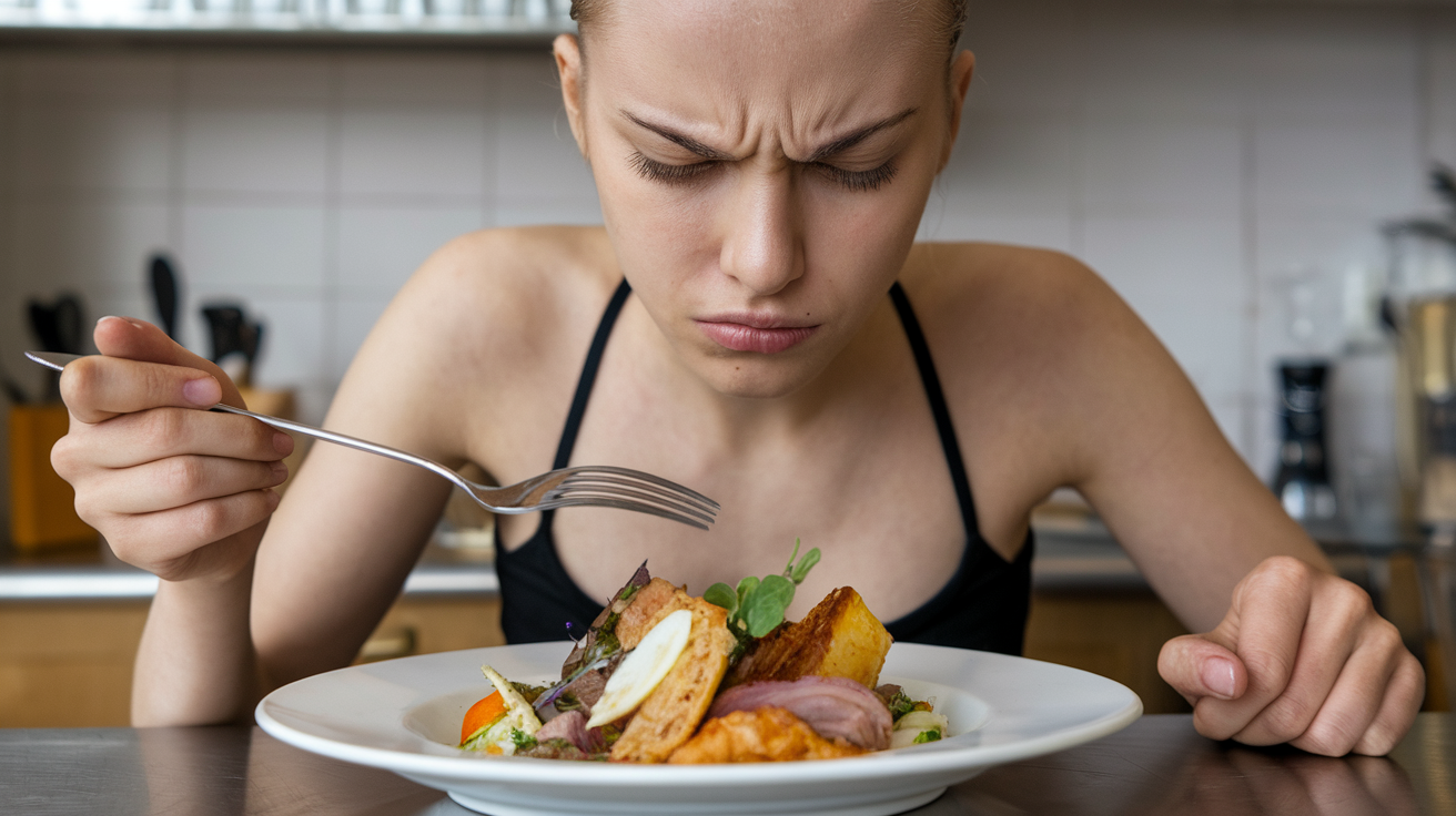  Woman suffering from an eating disorder, skinny, angrey, looking at food | Virtue Recovery Center