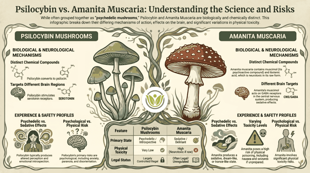 Educational infographic by Virtue Recovery titled "Psilocybin vs. Amanita Muscaria: Understanding the Science and Risks." It contrasts the biological mechanisms and safety profiles of the two mushrooms. It details that Psilocybin converts to psilocin, targeting serotonin receptors to produce a psychedelic, introspective state with very low physical toxicity but potential psychological risks like paranoia. In contrast, Amanita Muscaria contains muscimol and ibotenic acid, targeting GABA receptors in the central nervous system to produce a sedative or deliriant state. The graphic warns of Amanita's high physical toxicity, noting it is neurotoxic if raw and poses severe risks of poisoning and seizures, despite its often unregulated legal status.