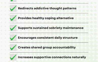 Virtue Recovery Center: Drug & Alcohol Rehab & Treatment A checklist titled Benefits of Exercise on Addiction Cravings lists ten benefits, such as reduced body tension, improved resilience, healthy coping, and relapse prevention. The Virtue Recovery Center logo appears at the bottom.