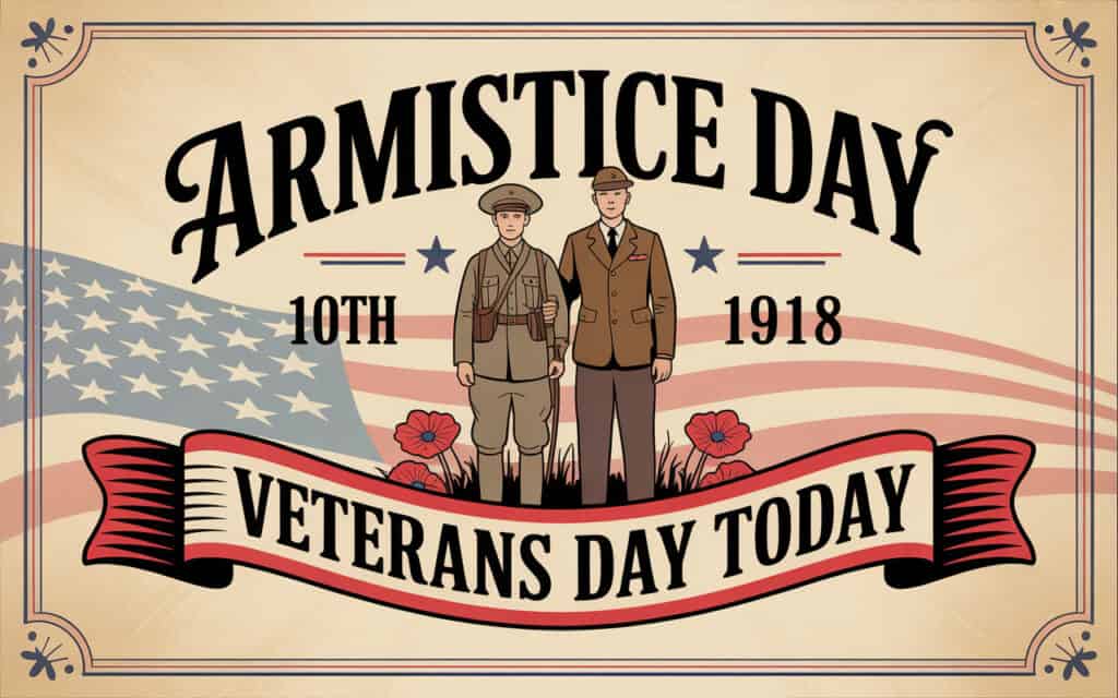 Illustration with two men in military and civilian attire, an American flag background, poppies, and text reading Armistice Day 10th 1918, Veterans Day Today. Vintage design with patriotic elements.