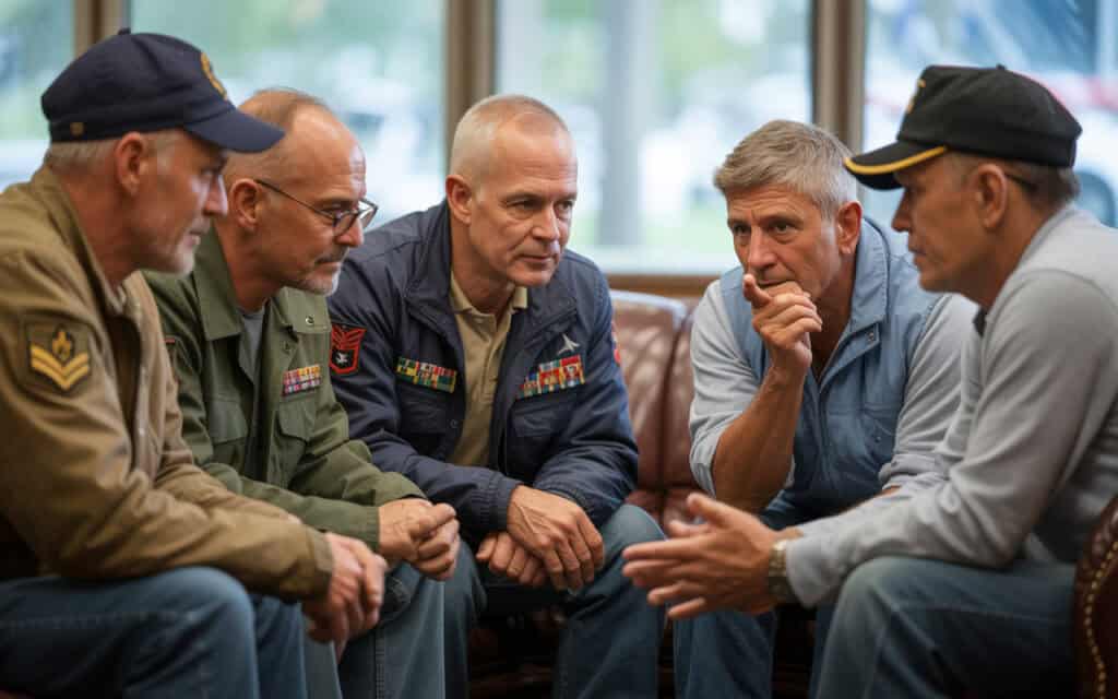 Five older men, some in military uniforms with medals, sit closely together on couches, engaged in a serious and focused conversation in a room with large windows.