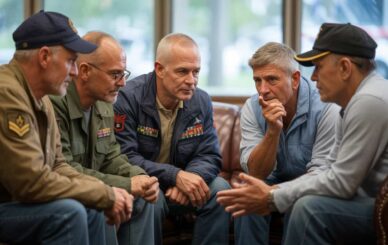 Virtue Recovery Center: Drug & Alcohol Rehab & Treatment Five older men, some in military uniforms with medals, sit closely together on couches, engaged in a serious and focused conversation in a room with large windows.
