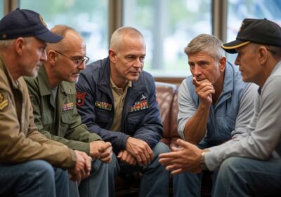  Five older men, some in military uniforms with medals, sit closely together on couches, engaged in a serious and focused conversation in a room with large windows.