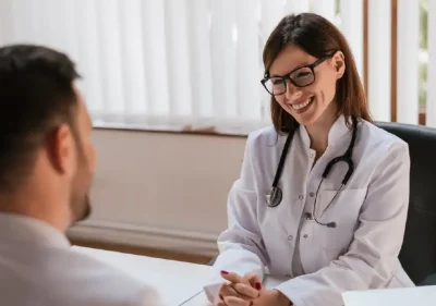 A female doctor wearing glasses and a lab coat smiles while sitting at her desk, speaking with a male patient in a bright, modern office.