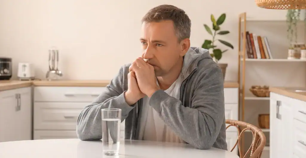 A man sits at a table in a kitchen, resting his chin on his clasped hands and looking thoughtful or concerned. A glass of water is in front of him. The kitchen is bright and neatly organized.