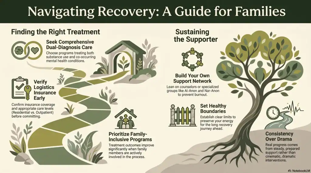 An illustrated guide for families on finding treatment and support for loved ones in recovery, featuring a winding path, trees, and steps such as verifying logistics, prioritizing family programs, and building support networks.