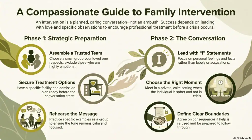 Infographic titled “A Compassionate Guide to Family Intervention” with phases for planning: Trust team, options, rehearse, then conversation steps like leading with intent, right moment, and defining boundaries. Illustrations support each step.