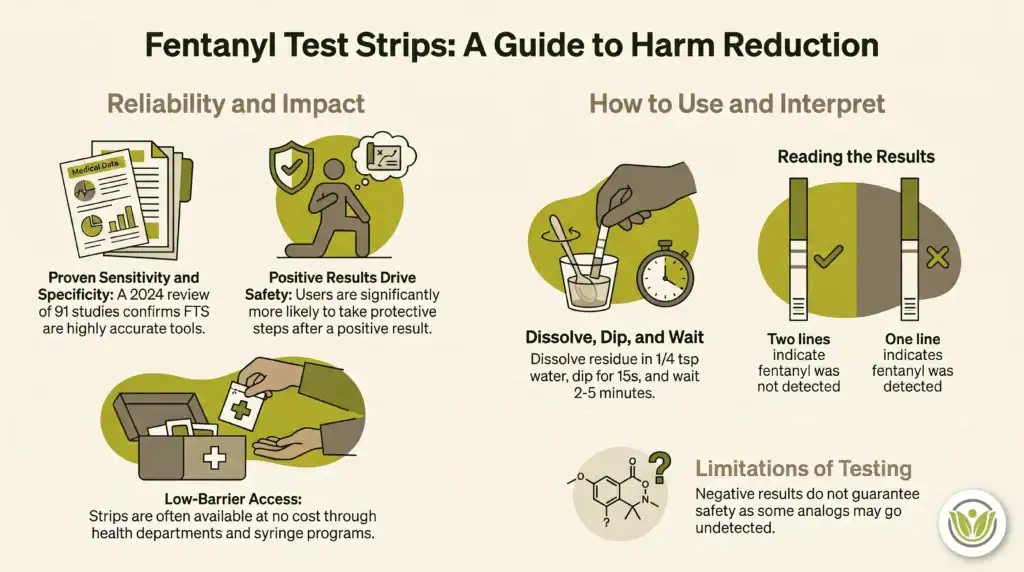 Infographic explains fentanyl test strips: reliability, usage, and interpretation. Features icons for results, dissolving strip in water, syringe, chemical structure, and test strip to show harm reduction steps and limitations.