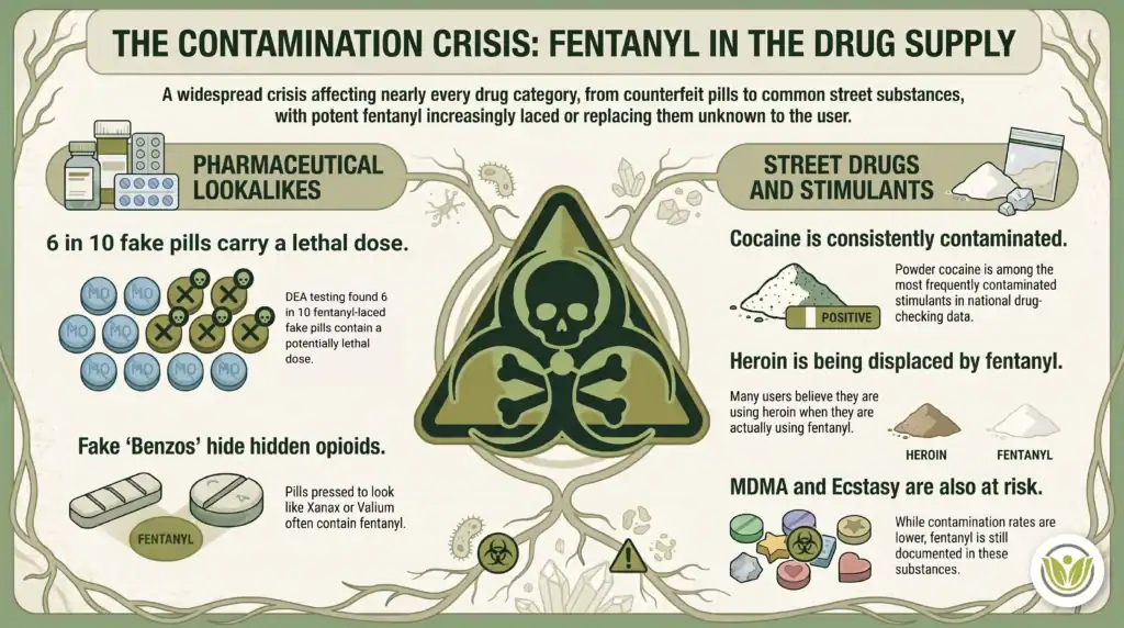 Infographic about fentanyl in the drug supply, showing pills, powders, and a warning sign. It explains contamination in pharmaceutical lookalikes, street drugs, stimulants, and risks of accidental overdose.