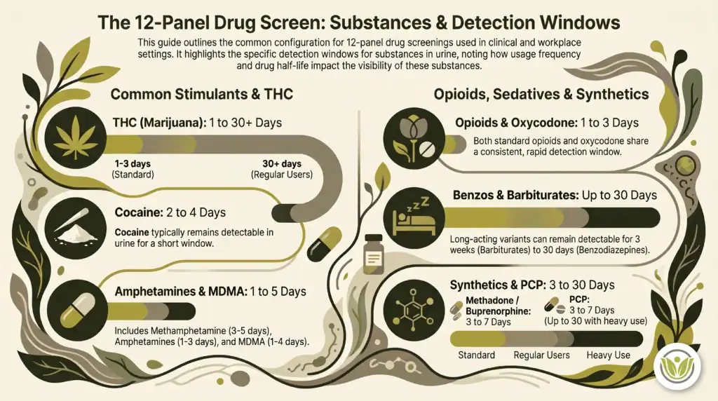 Infographic explaining detection windows for 12-panel drug screens, showing how long substances like marijuana, cocaine, opioids, amphetamines, benzos, and more remain detectable, with icon illustrations for each drug class and timeframes listed.