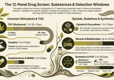 Infographic explaining detection windows for 12-panel drug screens, showing how long substances like marijuana, cocaine, opioids, amphetamines, benzos, and more remain detectable, with icon illustrations for each drug class and timeframes listed.
