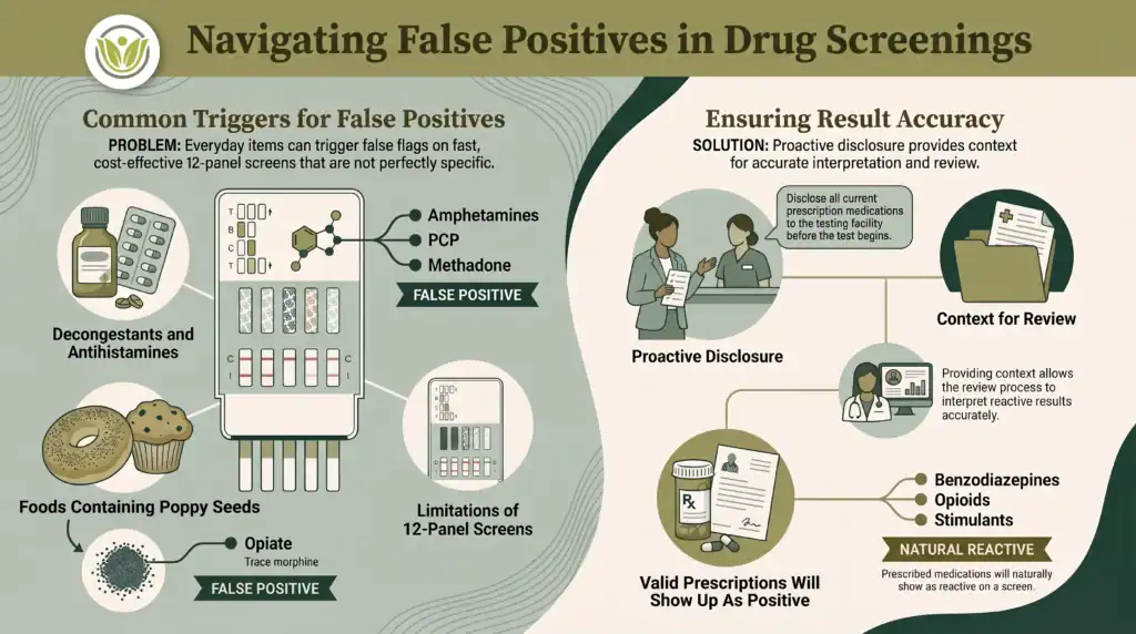 Infographic explaining triggers for false positives in drug screenings, such as certain medications and foods, and showing steps for ensuring results accuracy like proactive disclosure and medical review. Illustrations of test kits and people included.